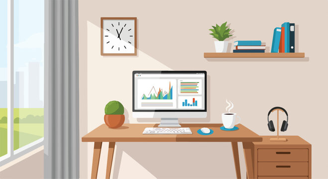 A computer workspace with a desk and window