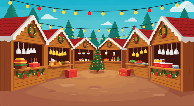 A festive holiday market with wooden stalls