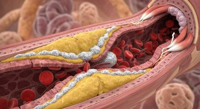Cross-sectional view of an artery with plaque buildup and blood flow
