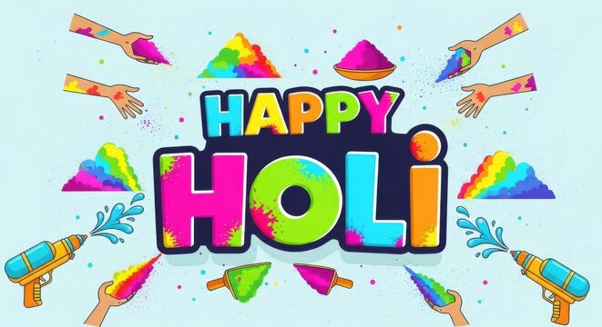 Colorful Celebration of Holi with Bright Powder and Water Guns