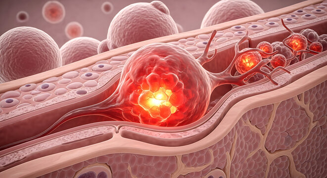 Microscopic view of cancerous cells spreading through tissue and blood vessels tumor