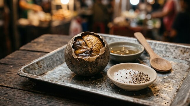 Cooked duck egg balut (Anas platyrhynchos domesticus) with salt and a wooden spoon on a metal tray.