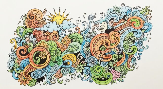 Abstract Colorful Swirl Patterns with Sun and Clouds for Art