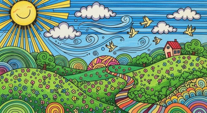 Colorful Landscape with Sun, Clouds, and Whimsical Elements