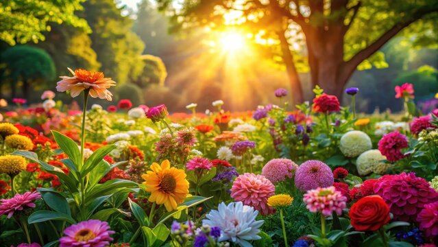 A closeup of a vibrant flower bed with colorful blooms in full bloom, lush green leaves surrounding, soft sunlight filtering through the canopy, and