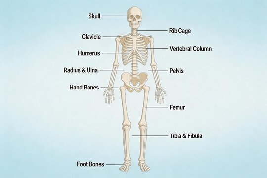 Human skeleton diagram with bone labels