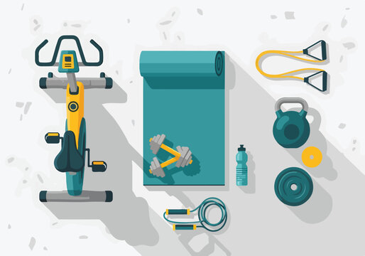 A fitness setup with exercise bike, yoga mat, dumbbells, kettlebell