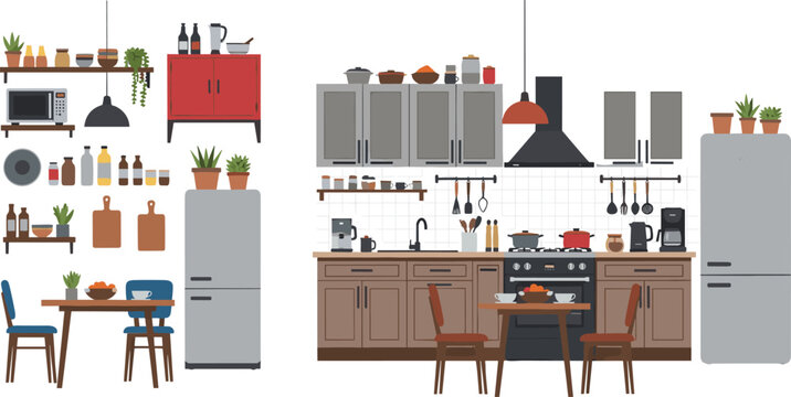 Modern Kitchen Interior Collection with Cabinets, Appliances, Dining Table, and Home Cooking Setup for Domestic Lifestyle and Interior Design Illustration