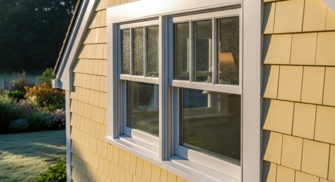 Classic Cape Cod dormer attic window with shingle siding and reflection of interior lamp