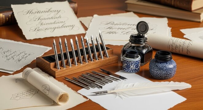 A Gleaming Set of Calligrapher's Nibs and Inkwells on a Wooden Desk with Vintage Papers and Quills