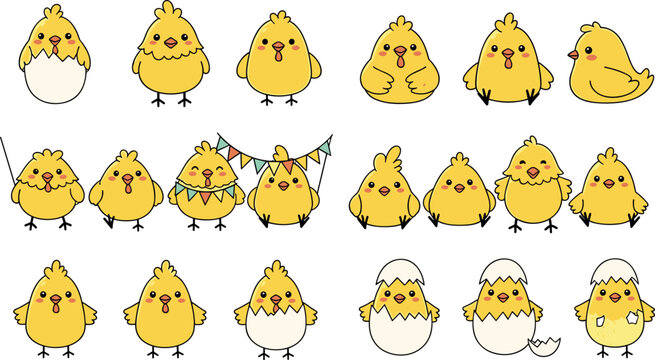 Cute chick cartoon character collection with hatching eggs different poses and expressions baby chicken vector illustration set