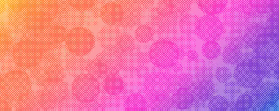 Risograph halftone background with neon gradient and bokeh dotted circle pattern. Orange, pink and purple tones with analog grain. Abstract vector texture.