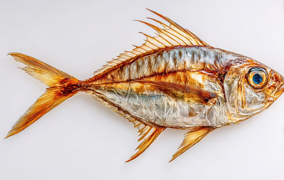 Dried whole fish specimen with golden brown coloring and prominent fins against a bright white background