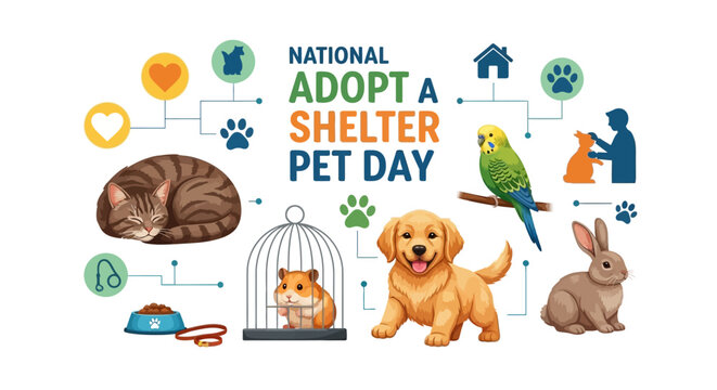 Stylized vector illustration promoting National Adopt a Shelter Pet Day, showing a diverse array of adorable animals like a cat, hamster, dog, rabbit, and bird with interconnected icons