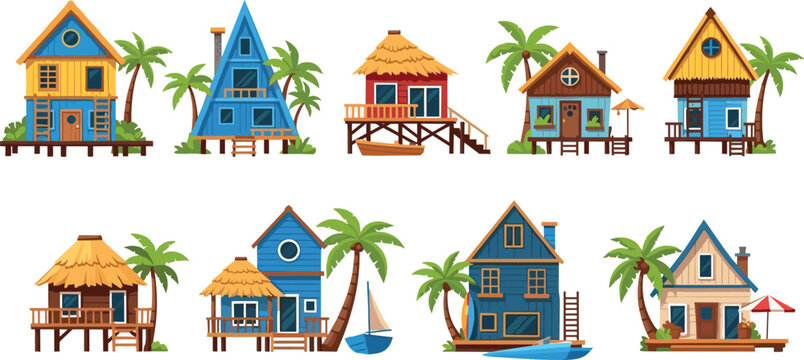 Colorful beach house vector set with tropical cottages, wooden stilt homes, palm trees, seaside architecture, and summer vacation illustration collection