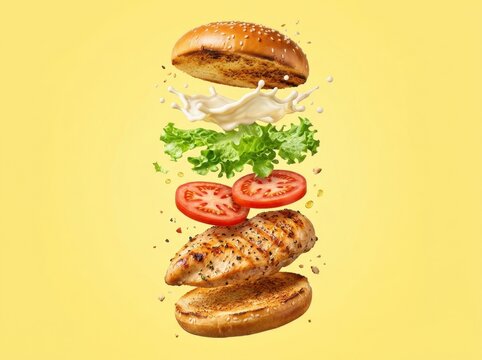 Deconstructed Grilled Chicken Burger with Fresh Ingredients, Toasted Sesame Bun, and Creamy Sauce Splash, Floating Dynamically on Vibrant Yellow Background