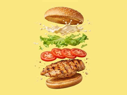 Exploding Grilled Chicken Burger: Fresh Ingredients like Sesame Bun, Juicy Chicken Breast, Crisp Lettuce, Red Tomatoes, and Creamy Sauce Deconstructed on Yellow Background