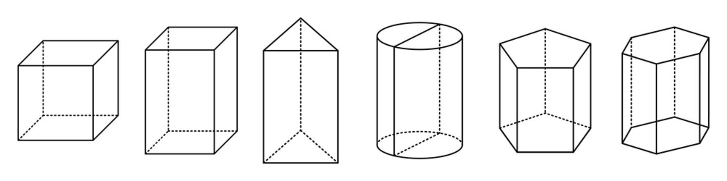 Set of 3D geometric shapes in outline style including cube, prism, cylinder, and pyramid. Clean vector illustration for math, education, geometry, and technical design concepts.