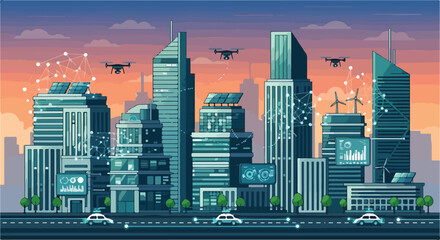 Fototapeta premium A futuristic cityscape with sleek skyscrapers and drones