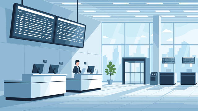 Spacious and modern airport terminal featuring organized check-in counters, flight information boards, and large windows with a city view.