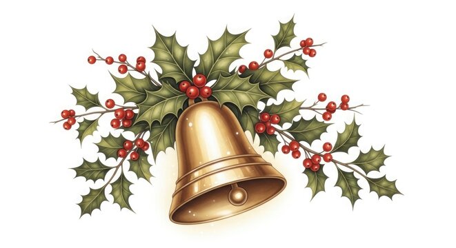 Vintage christmas illustration golden bell with holly berries and greenery