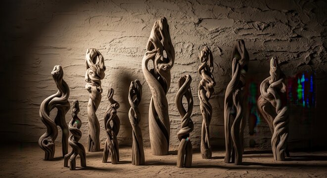 Collection of Weathered Driftwood Sculptures Exhibiting Organic Forms Against a Textured Wall