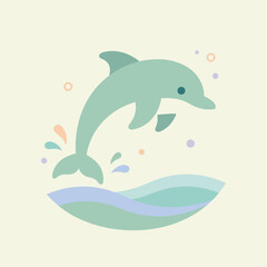 Fototapeta premium A cheerful cartoon dolphin with a friendly face is captured mid-air, leaping gracefully above gentle waves with splashes around it, against a soft, light background.