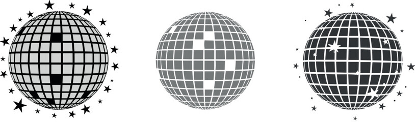 Obraz premium Retro disco ball vector collection with sparkling star accents, mirrored sphere designs, nightlife party symbols, and glamorous celebration illustration set