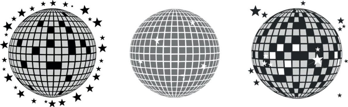 Mirror disco ball vector set with star sparkles, reflective mosaic spheres, retro nightlife elements, party decoration icons, and glamorous celebration illustration