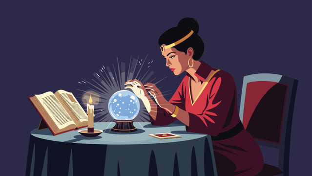 Mysterious fortune teller gazes into a glowing crystal ball on a table decorated with a candle and an old book.