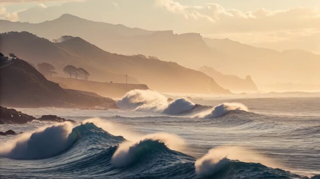 Ocean Waves Crashing on Rocky Shoreline at Sunset Cinematic Coastal Scenery