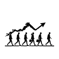 Obraz premium Businessmen walking in a line follow a rising graph arrow to demonstrate financial growth, career progression, economic success, and the upward trajectory of a professional company team.