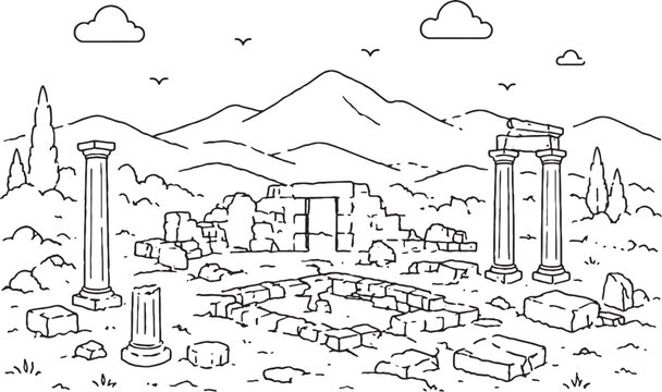 Azerbaijan archaeological ruins field icon minimalist line art ancient excavation site adobe UI style 2px stroke monochrome black