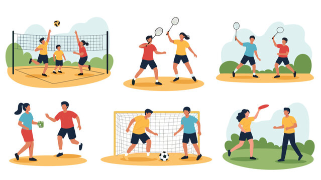 Diverse group of people participating in various sports and outdoor activities like volleyball, soccer, badminton, and ultimate frisbee.
