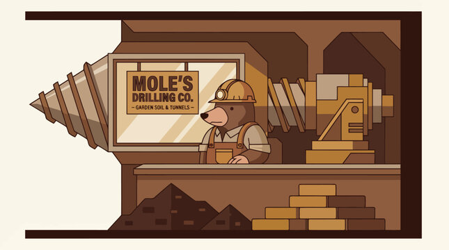 Cartoon Mole in Hard Hat Operating Drilling Machine for Moles Drilling Co.