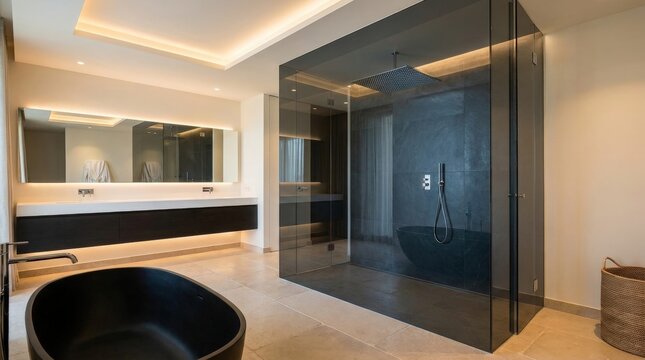 Luxurious Modern Bathroom with Freestanding Tub-(Kamar Mandi Modern Mewah dengan Bak Mandi Berdiri)