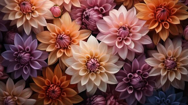 Dahlia blossoms, pastel hues, softly layered petals, tightly packed composition