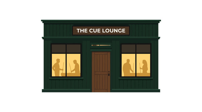 The Cue Lounge Bar Exterior Facade with Silhouetted Patrons Inside.