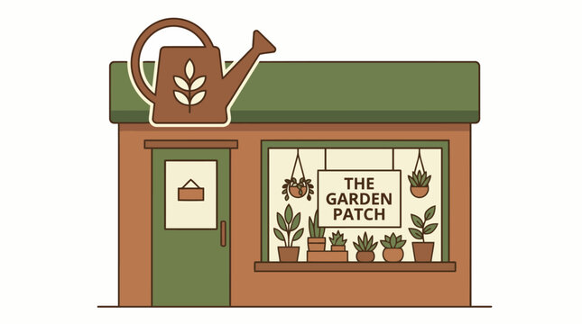 Charming illustration of a small garden supply shop called The Garden Patch.