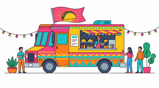 Vibrant Food Truck with People Ordering and Colorful Decorations.