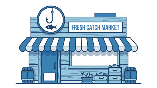 Fresh Catch Market Storefront Illustration with Fishing Hook and Barrels.