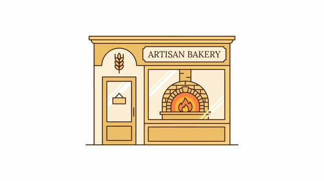Artisan Bakery storefront with a traditional wood-fired oven visible inside.