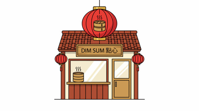 Charming Dim Sum Restaurant Exterior with Red Lanterns and Traditional Architecture.