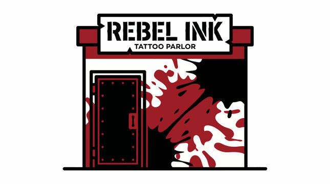 Rebel Ink Tattoo Parlor Storefront with Red Splatter Design.
