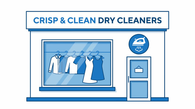 Crisp  Clean Dry Cleaners storefront illustration with clothes on display.