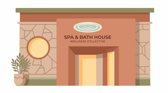 Exterior view of a modern spa and bath house with stone accents and a potted plant.