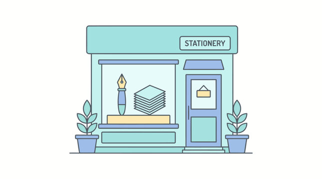 Modern Stationery Storefront with Potted Plants and Display Window.
