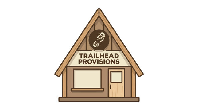Charming wooden trailhead provisions shop with a footprint logo.