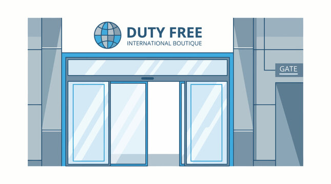 Modern Duty Free International Boutique storefront with automatic glass doors and signage.