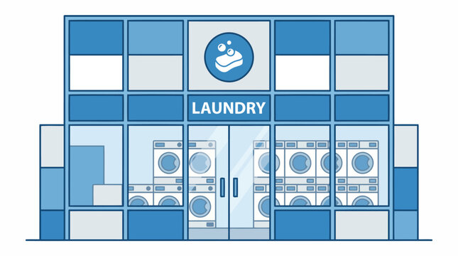 Modern Laundry Service Building Exterior with Washing Machines Visible Inside.